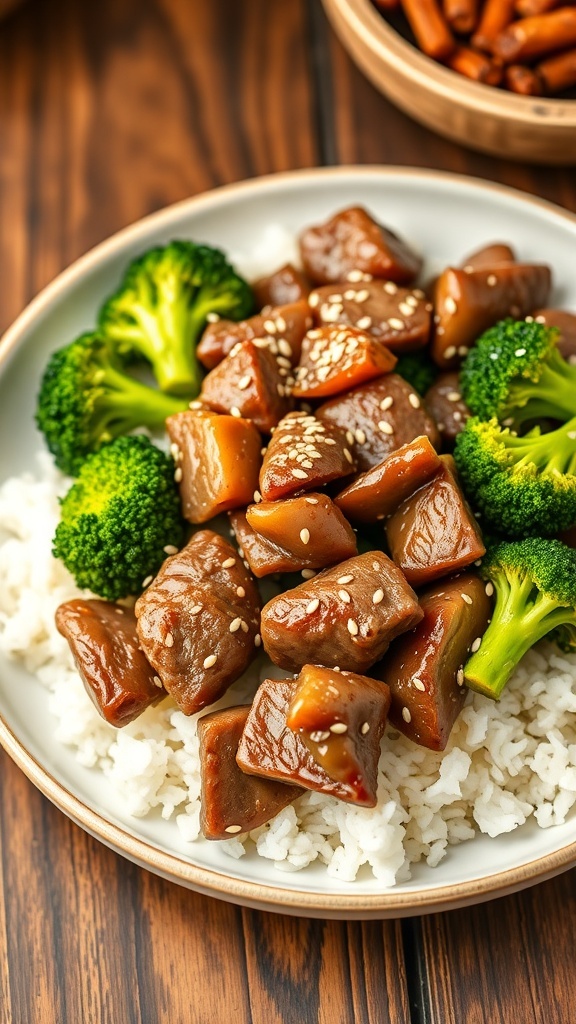 Air fryer beef and broccoli served over rice, garnished with sesame seeds, on a rustic wooden table.